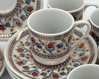 Espresso Cup and Saucer Set, Porcelain Coffee Set, 2.7 Oz Mugs with Handle, Iznik Tulip Patterned Cup Set of 6, Espresso Lover Gift