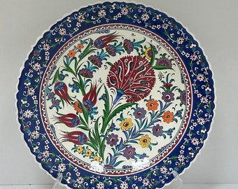 16" Collectible Plate, Floral Decorative Plate, Wall Hanging Plate, Pottery Wall Decor, Turkish Ceramic Hanging Plate, Housewarming Gifts