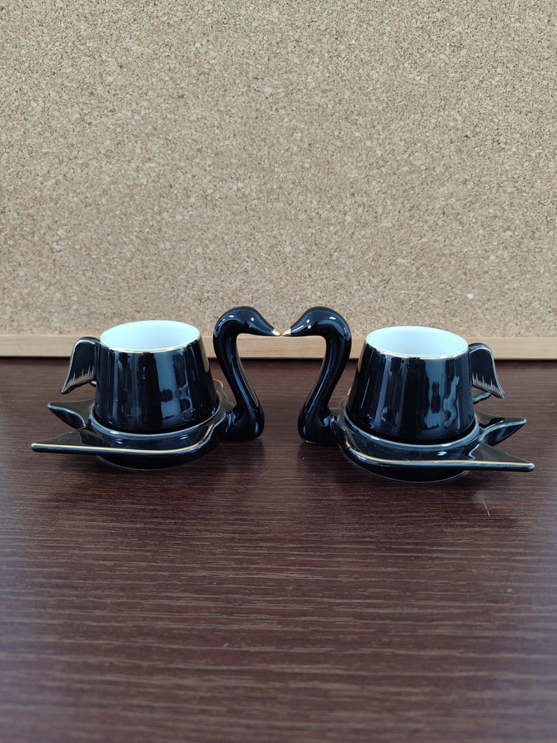 Swan Espresso Mug, Arabic Coffee Set For 2, Swan Mugs, Porcelain Coffee Set, Turkish Coffee Cup Set with Swan Shaped Saucers, Mother's Gifts Black