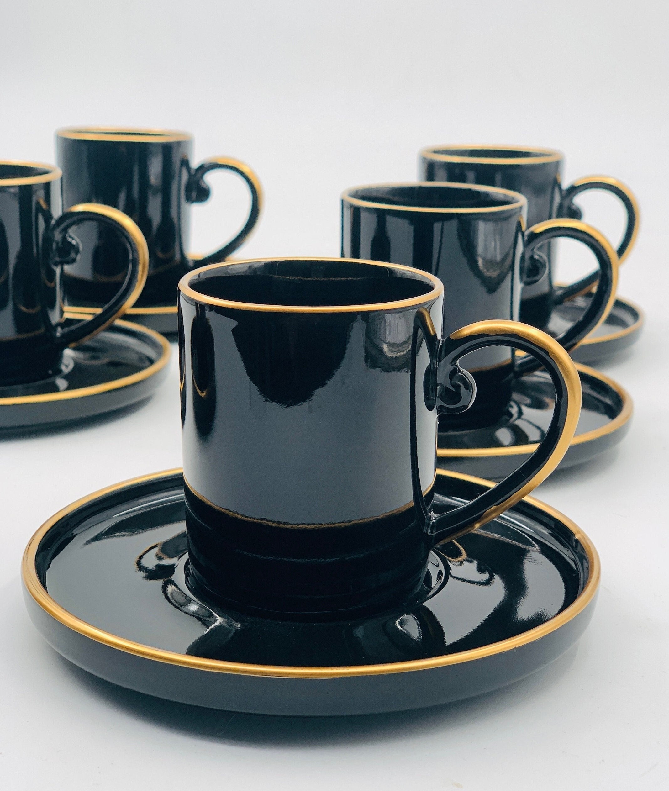 Set of 6 Porcelain Espresso Cups 3 Oz Arabic/greek/turkish Coffee Cups Set  Gold Rimmed Black Cups Set With Handle Coffee Cup Set With Saucer 