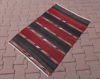 Black and Red Kilim, 2x3 ft, Scandinavian Kilim, Natural Kilim, Wool Kilim, Striped Kilim, Home Decor Kilim, Anatolian Kilim, Used Kilim Rug