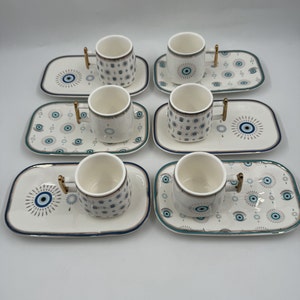 Evil Eye Porcelain Coffee Set, Arabic Coffee Set, Turkish Coffee Set with Saucer, Evil Eye Coffee Mugs, Turquoise Coffee Set for 6