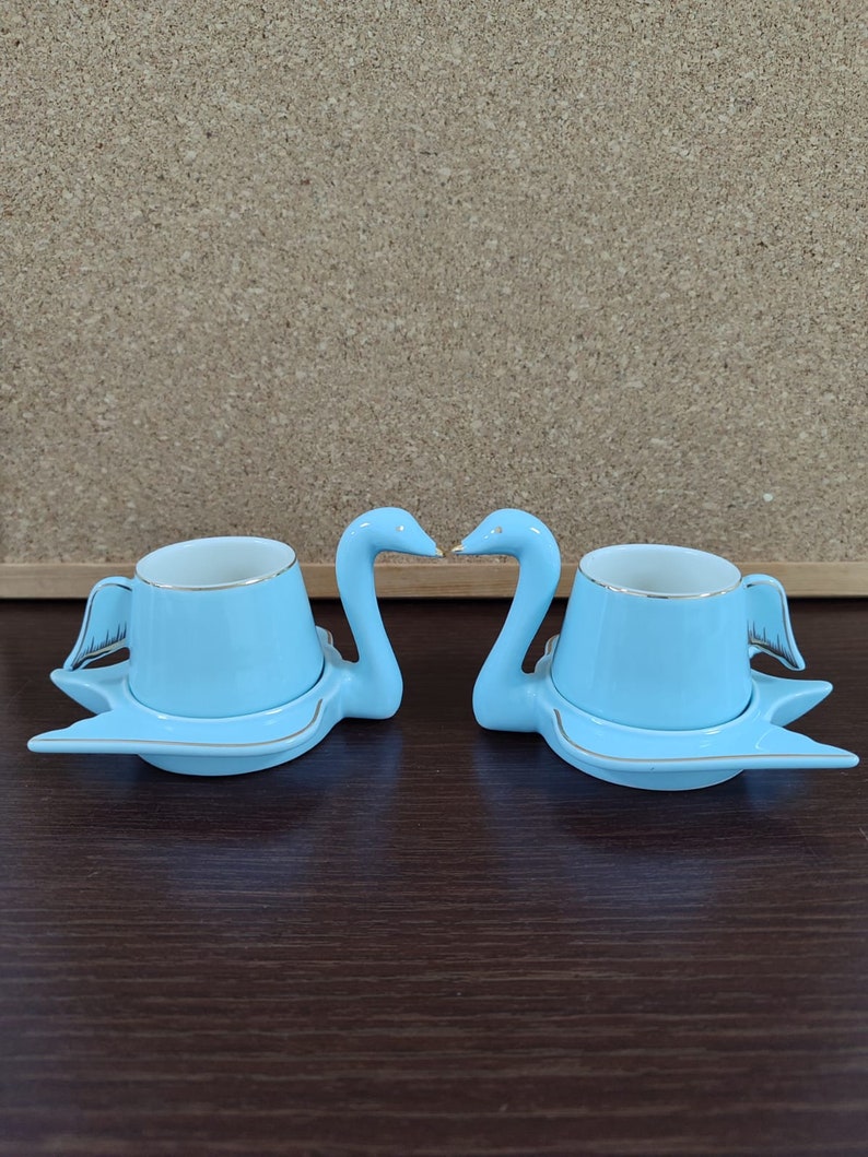 Swan Espresso Mug, Arabic Coffee Set For 2, Swan Mugs, Porcelain Coffee Set, Turkish Coffee Cup Set with Swan Shaped Saucers, Mother's Gifts Blue