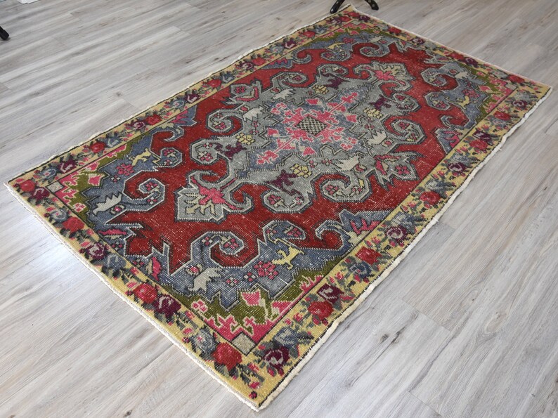 Turkish Vintage Dark Red And Muted Blue Color Handmade Wool - Muted Multicolor Area Rugs Turkish Vintage Dark Red And Muted Blue Color Handmade Wool - Muted Multicolor Area Rugs