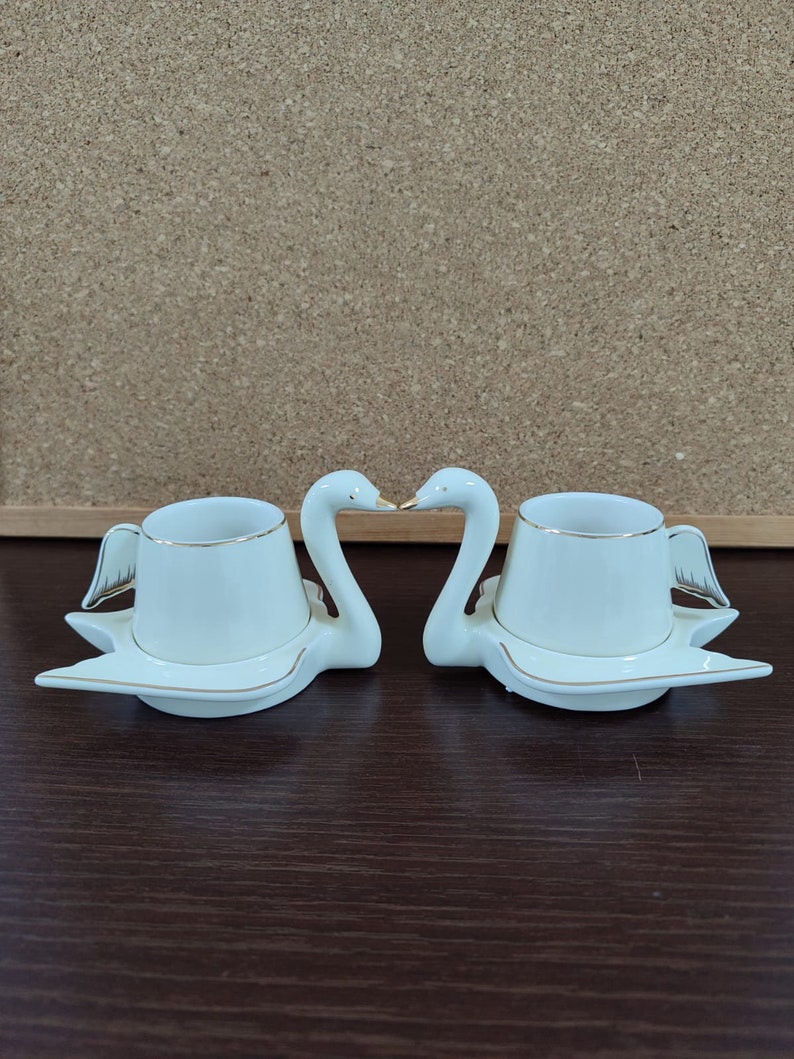 Swan Espresso Mug, Arabic Coffee Set For 2, Swan Mugs, Porcelain Coffee Set, Turkish Coffee Cup Set with Swan Shaped Saucers, Mother's Gifts White