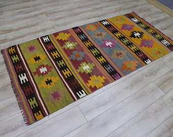 Ethnic Design Kilim, 4x7 ft, Home Decor Kilim, Nomadic Kilim, Natural Kilim, Wool Kilim, Green and Yellow Kilim, Ikat Kilim, Geometric Kilim