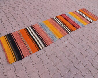 Striped 2x9 ft Orange Handmade Wool Kilim,Traditional Kilim,Entryway Kilim,Office Kilim,Hand Knotted Kilim, Turkish Kilim,Tribal Kilim