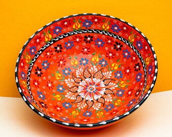 Lead-Free Serving Bowl Floral Ceramic Bowl Deep Raman Bowl Hand Painted Pottery Bowls 10" Embossed Turkish Bowl Chips Bowl Orange Decor Bowl