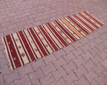 Striped Red Handmade Wool Kilim,2x7 ft Authentic Kilim, Hand Knotted Kilim,Tribal Kilim,Entryway Kilim, Office Kilim,Bedroom Kilim,