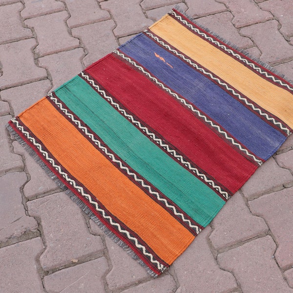 Rainbow Kilim, 2x2 ft, Home Decor Kilim, Gift Kilim, Kids Rug, Antique Kilim, Striped Kilim, Anatolian Rug, Handmade Kilim, Turkish Kilim