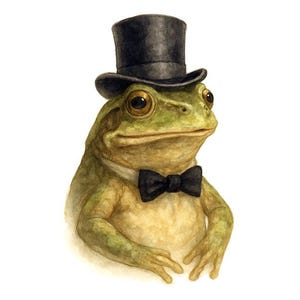 Puede incluir: Ilustración en acuarela de una rana con sombrero de copa negro y pajarita. La rana tiene piel verde y beige, con ojos grandes y expresivos. La imagen tiene un aire caprichoso y ligeramente formal.