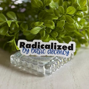 May include: White sticker with black text that reads "Radicalized by basic decency".