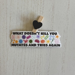 May include: A white sticker with the text "WHAT DOESN'T KILL YOU MUTATES AND TRIES AGAIN" and colorful microbe illustrations. A small black heart is attached to a wooden clothespin, placed above the sticker.