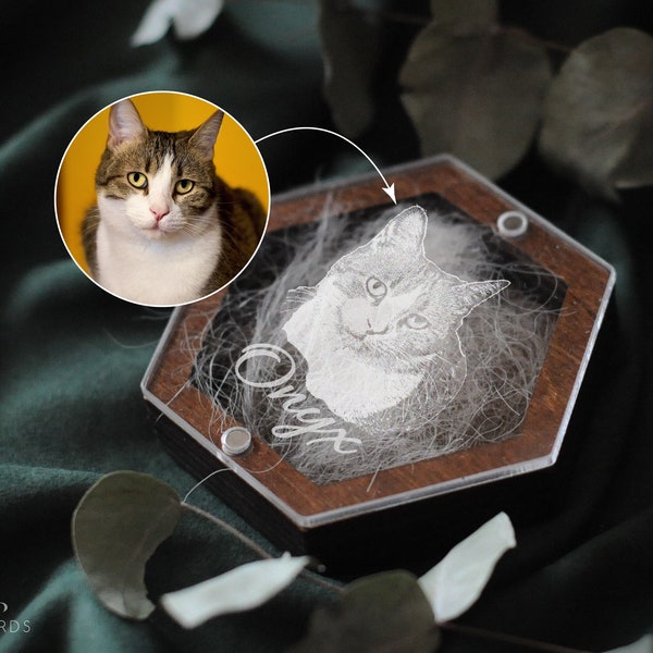 Engraved Pet Photo Fur Keepsake Box, Personalized Dog Cat Portrait Gift, Pet Hair Keepsake Box for Pet Lovers