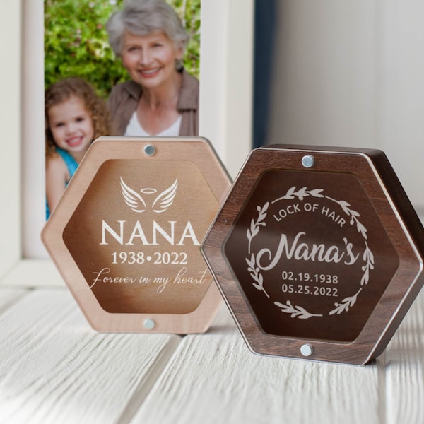 Hair keepsake memorial gift for loss of grandmother, sympathy gift loss of mother with photo, small keepsake box with portrait engraved