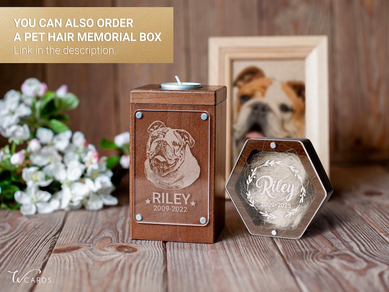 Personalized pet urn made of wood with a photo, designed for cat, dog, or bunny ashes. Custom cremation urn for a meaningful pet memorial.