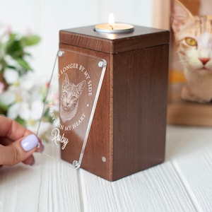 Personalized pet urn made of wood with a photo, designed for cat, dog, or bunny ashes. Custom cremation urn for a meaningful pet memorial.