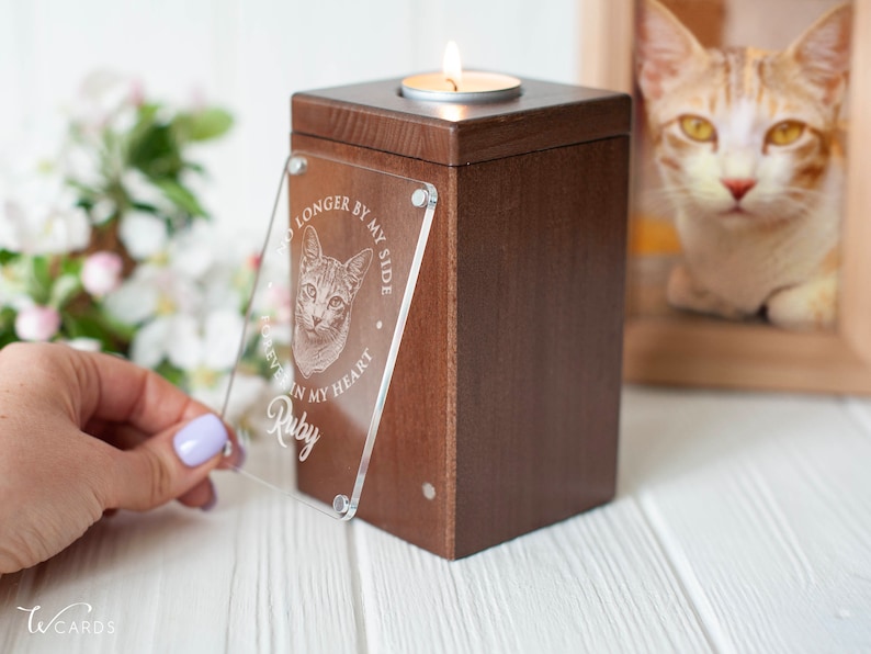 Personalized pet urn made of wood with a photo, designed for cat, dog, or bunny ashes. Custom cremation urn for a meaningful pet memorial.