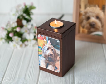 Pet cremation urns, dog cat ashes keepsake, pet urn wood, small pet urns for dogs cats with potrtait