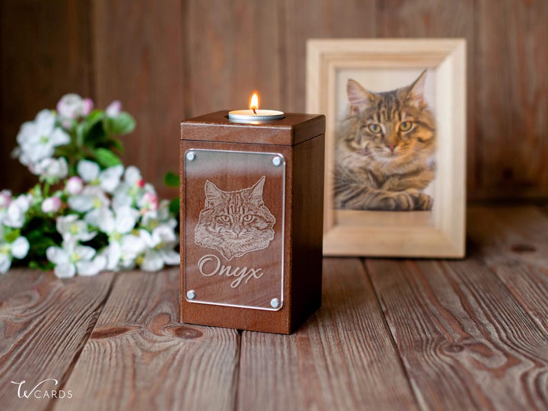 Personalized pet urn made of wood with a photo, designed for cat, dog, or bunny ashes. Custom cremation urn for a meaningful pet memorial.