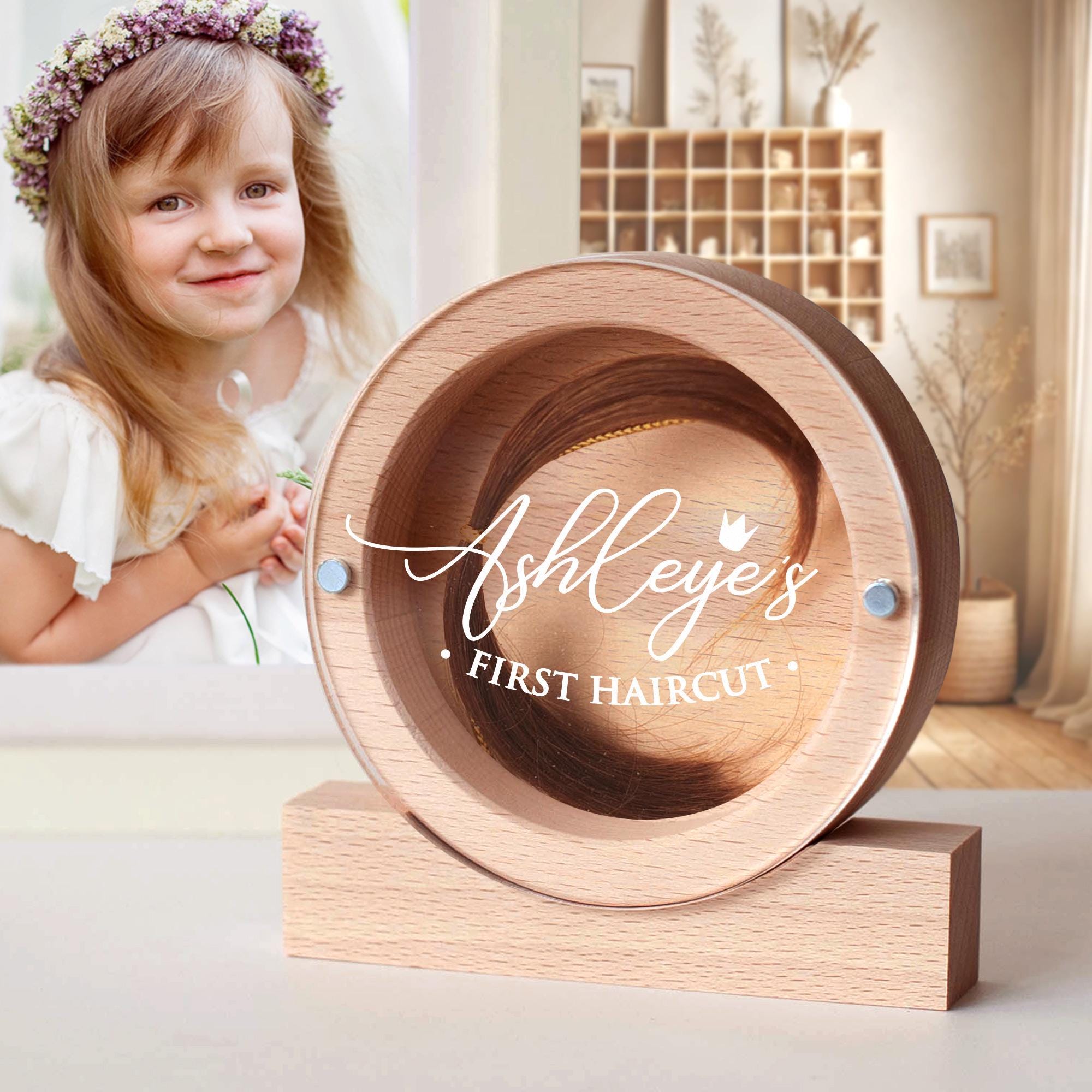 thumbnail image 2 of Liannan Custom Wooden First Haircut Curl Keepsake,Baby's First Curl Keepsake Box,My First Haircut Box (style 1 2 of 11