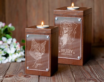 Wood Pet urn with photo and candle, custom memorial keepsake for cat dog ashes
