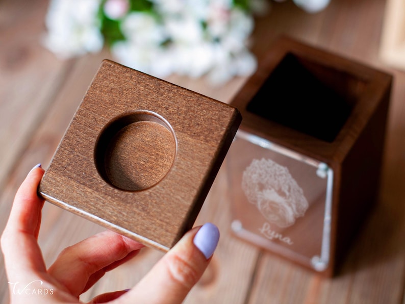 Personalized pet urn made of wood with a photo, designed for cat, dog, or bunny ashes. Custom cremation urn for a meaningful pet memorial.