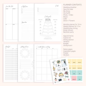 May include: A wedding planner with a white background and black text. The planner includes sections for saving the date, wedding checklist, cake, budget, seating plan, and monthly and weekly planners. The planner also includes a sheet of stickers with wedding-themed illustrations.