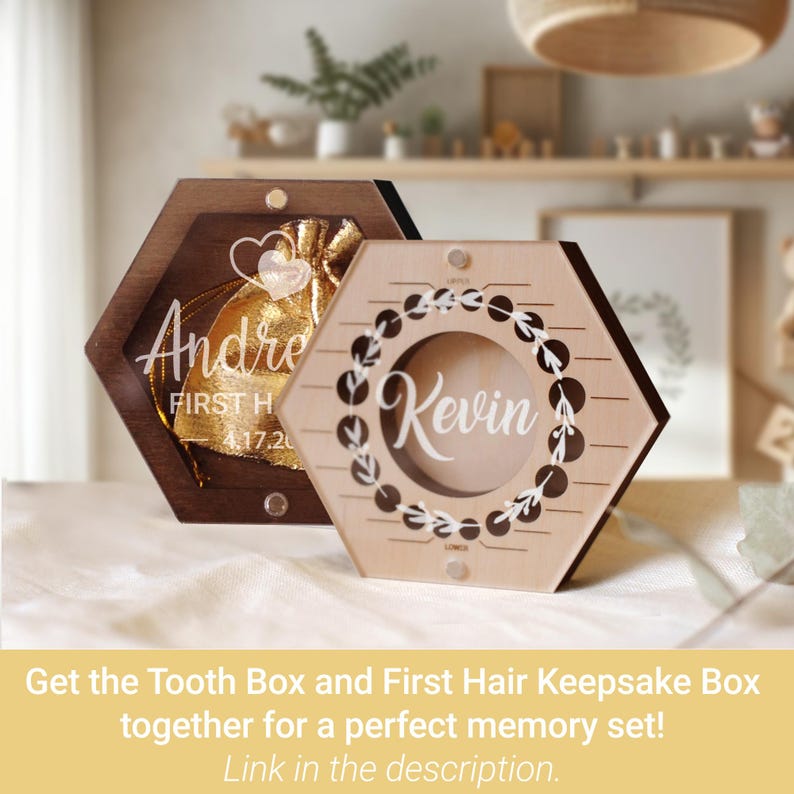 May include: Two hexagonal wooden keepsake boxes with clear acrylic fronts. The dark wood box contains a gold pouch with the text 'Andre' and 'FIRST H 4.17.20'. The light wood box features a circular wreath design and the name 'Kevin' printed in white.