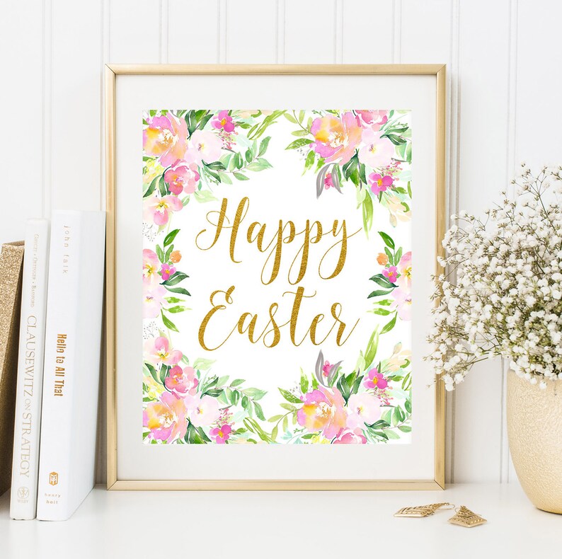 Happy Easter Printable Wall Art Easter floral print Watercolor Etsy