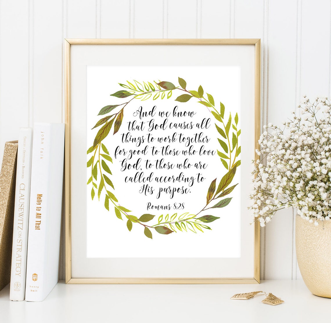 Bible Verse Wall Art Romans 828 Green Wreath Scripture Quote Etsy