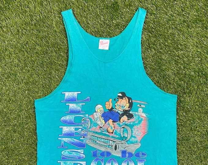 Vintage Garfield Licensed to Be Cool Tank Top Shirt Hanes Made USA Size Large L Classic Cartoon