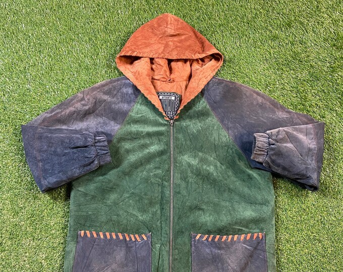 Vintage Multicolor Hoodie Zip Up Jacket Authentic Winlit Size Large L Classic Quality Fit Warm Coat 1990s 90s Leather Patchwork Colors