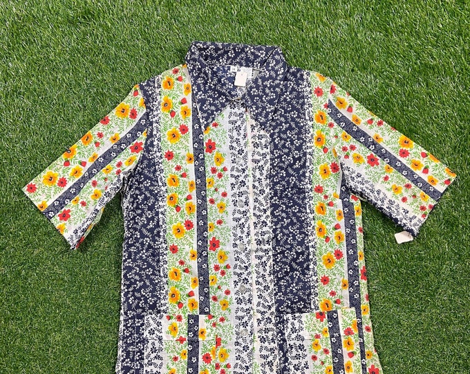 Vintage Floral Button Down Shirt Size 14 Small S Wacky Fun Art 80s 1980s Original Classic Party Festival Pop Casual