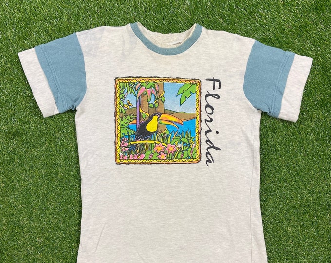 Vintage Florida T Shirt Tee Size Medium Tucan Miami Orlando Tampa Bay Tropical Palm Trees Beach Walt Disney World Universal Studio 1980s 80s