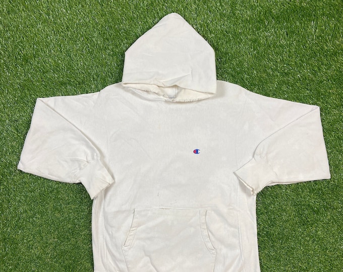 Vintage Plain White Champion Reverse Weave Hoodie Sweatshirt Size Xtra Large XL Quality 1990's Oversized Great Fit Made USA Original