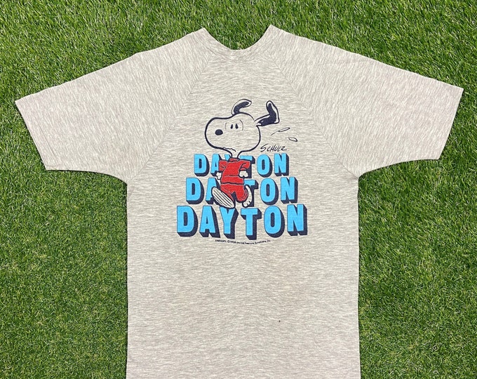 Vintage Snoopy Dayton Schulz T Shirt Tee Shirtex Made USA Size Large L Peanuts Charlie Brown 1980s 80s Tri Blend Ohio Rayon