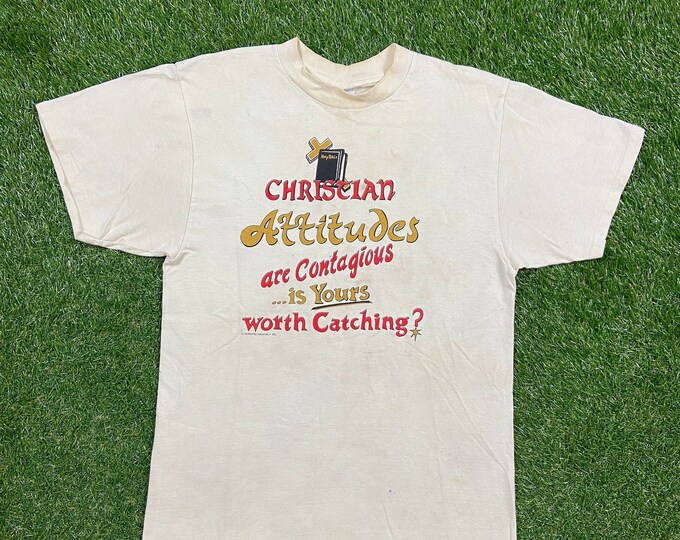 Vintage Christian Attitudes T Shirt Tee Mayberry Made USA Size Large Jesus Church Sunday Service Salvation Praise 1990's 90's Christian God