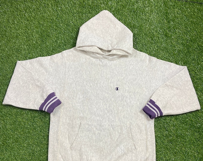 Vintage Gray Champion Reverse Weave Hoodie Sweatshirt Made USA Size Large L Quality 1990s Oversized Great Fit Original 90s Pull Over