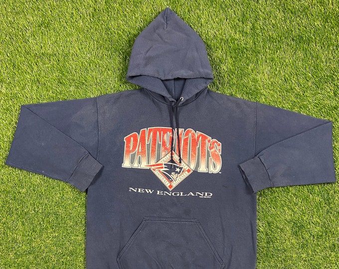 Vintage New England Patriots Hoodie Sweatshirt Trench Made USA Size Large L NFL Football Boston Massachusetts Tom Brady Pull Over Oversized