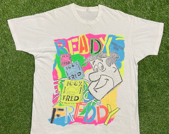 Vintage The Flintstones Ready Freddy T Shirt Tee Sherry Made USA Size XXL 2XL Hanna-Barbera Original Bedrock Fred Bam Bam