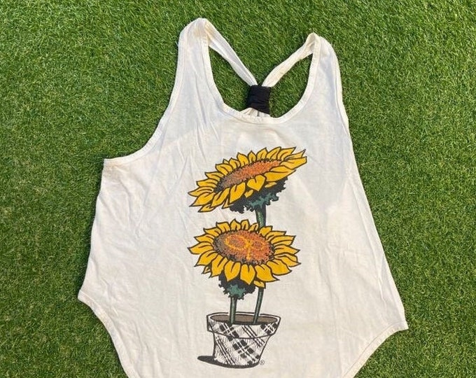 Vintage Sunflowers Tank Top Shirt Size Small S Flowers Bees Caterpillars Butterflies Nature Plants 1990s 90s