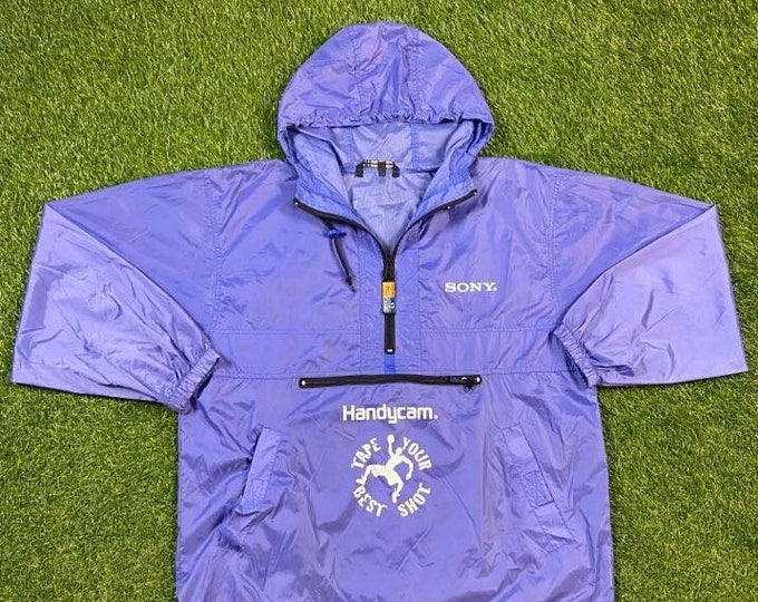 Vintage Sony Windbreaker Jacket Size Large L Handycam Camera Photography Auto Sound Television Neon 1980s 80s
