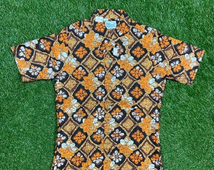 Vintage Kenwick Button Down Floral Western Shirt Made USA Size Small S Classic Brown Cowboy Dress Shirt 1970s 70s XS