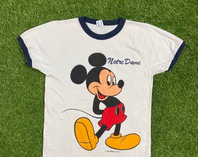 Vintage Mickey Mouse Notre Dame T Shirt Tee Champion Made USA Size Large L Walt Disney World Magic Kingdom WDW Disneyland 1970s 70s Ringer
