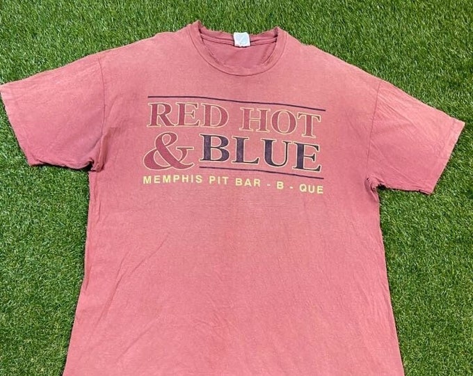 Vintage Red Hot & Blue T Shirt Tee Made USA Size Xtra Large XL Memphis Pit BarBQue Food Nashville Tennessee Great Smoky Mountains 1990s 90s