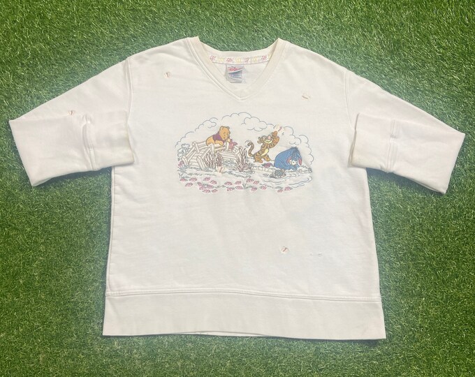 Vintage Winnie the Pooh Bear V Neck Sweatshirt The Disney Store Size Small S Walt Disney World WDW Disneyland Piglet Tigger 1990s 90s