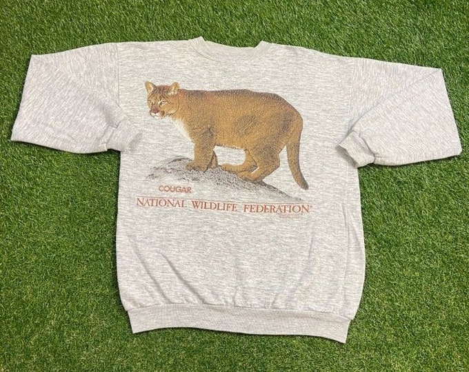 Vintage Cougar Crewneck Sweatshirt Size Large L National Wildlife Federation Wild Animal Big Cat Mountain Lion Puma Cat Nature 1990s 90s