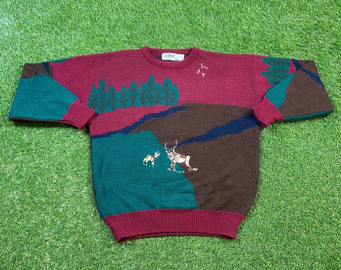 Vintage Deer Knitted Crewneck Sweater CC Sport Size Large L Quality Warm Winter Fashion Pull Over Oversized