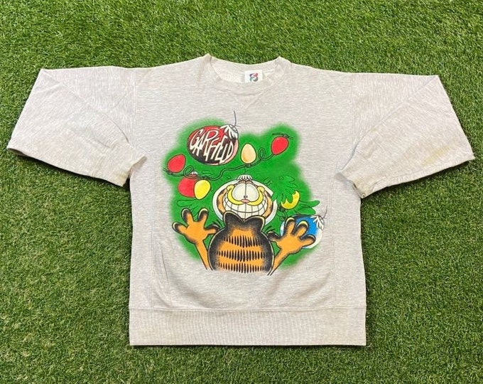 Vintage Garfield Christmas Crewneck Sweatshirt Made USA Size Medium M Jim Davis Classic Cartoon Animation XMAS Happy Holidays 1990s 90s